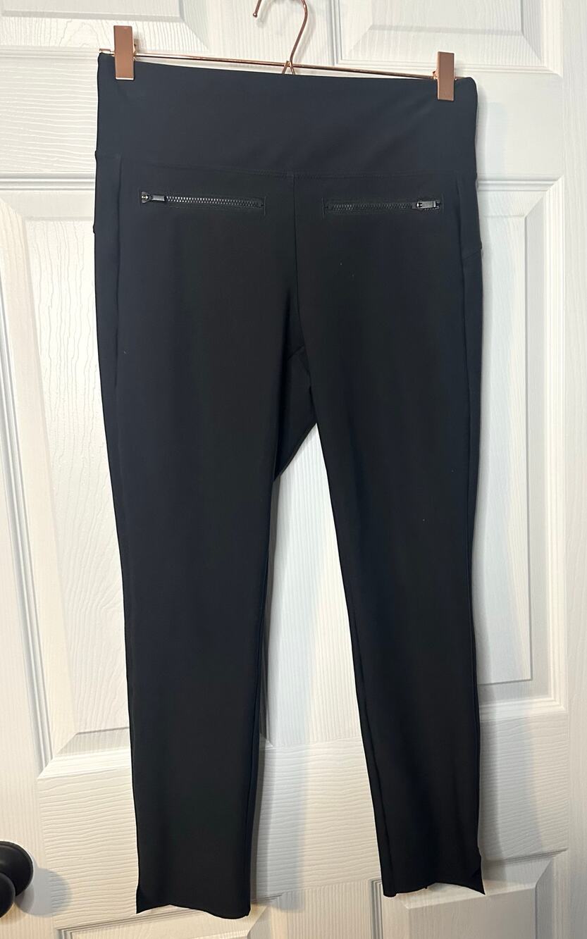 Athleta Black Pulll On Trouser slim leg Work Pants Front Zipper Pockets Sz S